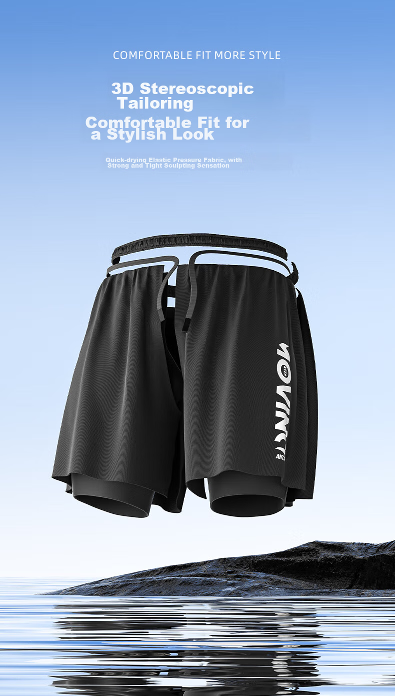 ANTA Men's Swim Shorts, Double-Layer Anti-Embarrassment, Knee-Length Professional Swim Trunks, Quick-Drying, Hot Spring, Men's Beach Style, Black, 3XL 4