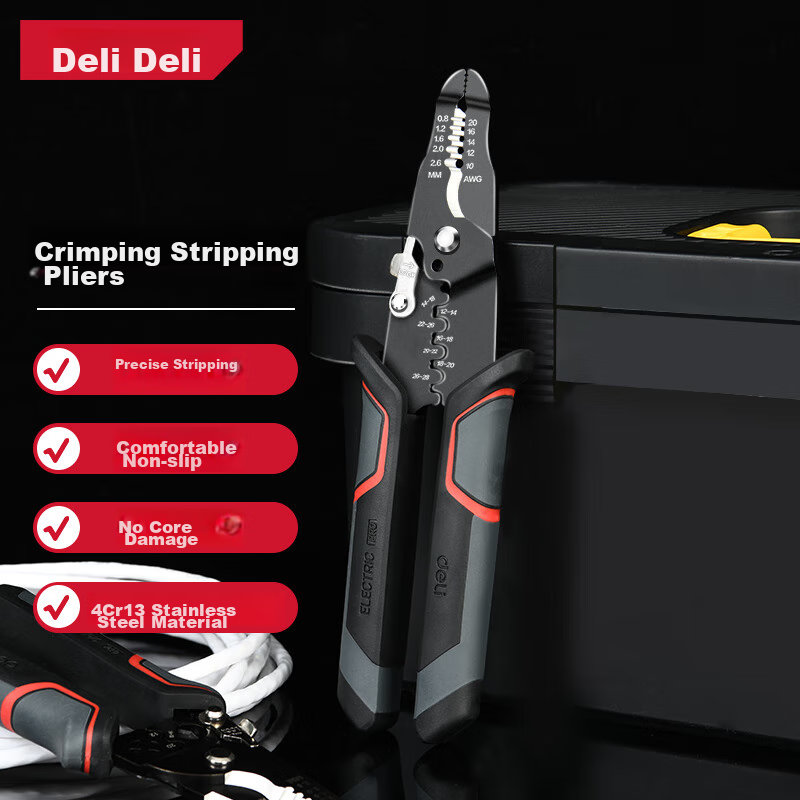 Deli Multi-Functional Electrician's Pliers, Needle-Nose Wire Strippers, Cable Pliers, Terminal Crimping Pliers, Cable Cutters, 0.6-2.6mm