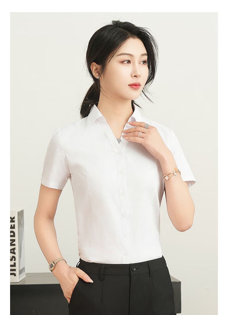 ROMON Cotton Short Sleeve Shirt Women V-Neck Business Casual Slim Fit Workwear Commuting White Shirt 6