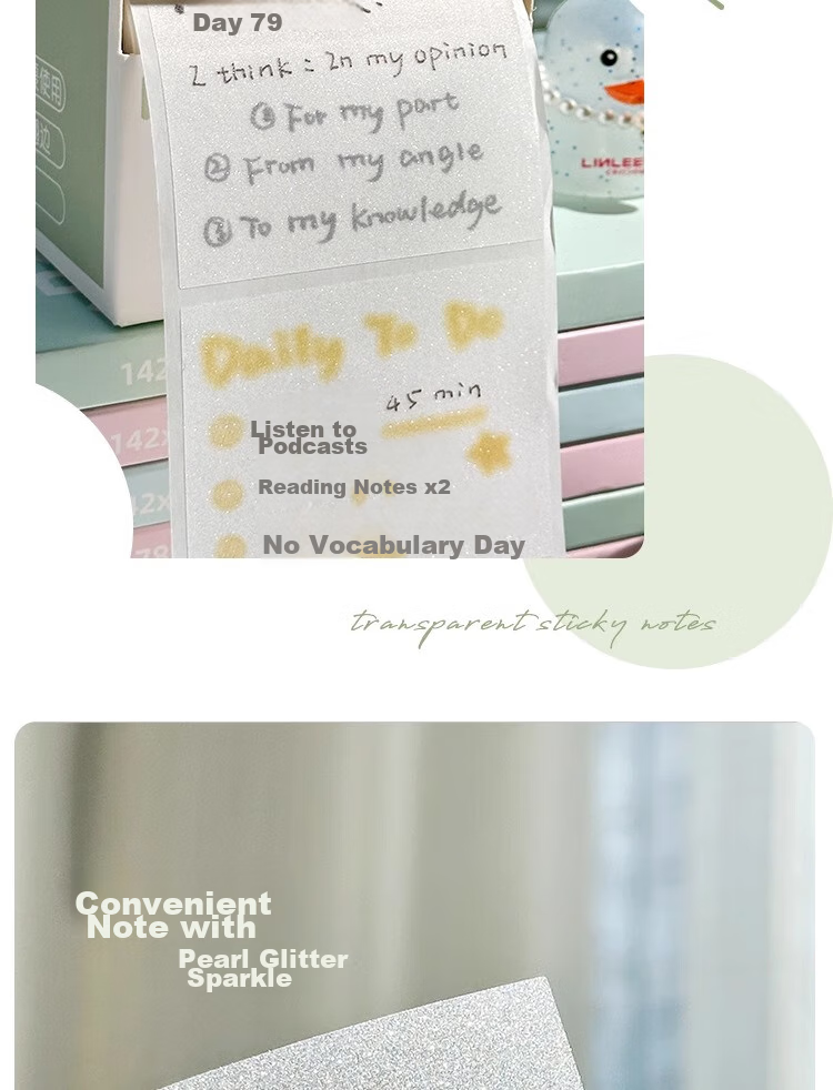 Sannianerban Transparent Pearl Sticky Notes, 50 Sheets/book, Student Stationery, Memo Pads, Label Stickers, Office Supplies, Large/Medium/Small Sizes, 3 Books Per Pack 5