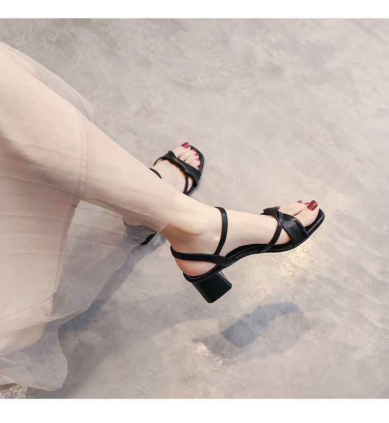 ZHR Women's Sandals, Retro Square Toe, Irregular Cross Strap, Elegant Heightening Slimming Chunky Heel, Commuter Style for Summer, Y516 Black (Classic Style), Size 37 17