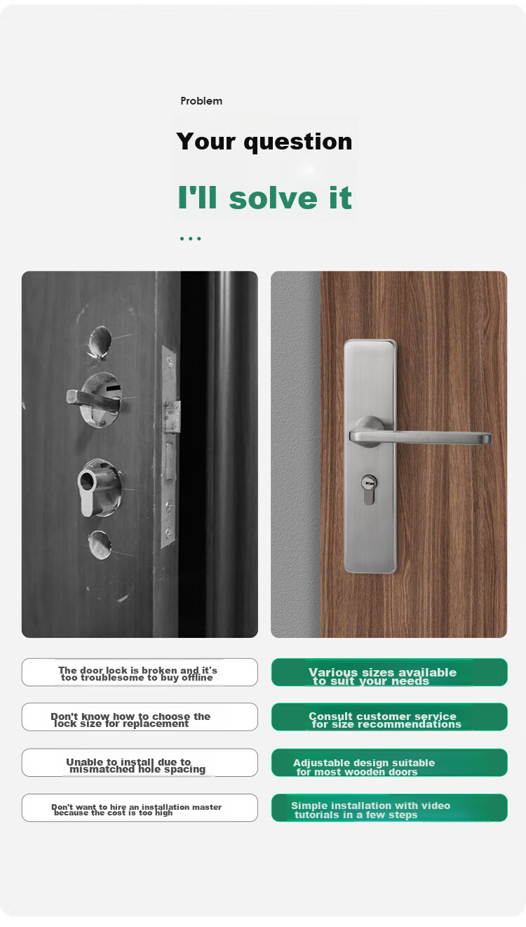 GUTE Door Lock, Interior Bedroom Wooden Door Lock, Room Door Handle, Stainless Steel Bathroom Door Lock, Brushed Color, Adjustable Door Lock 3