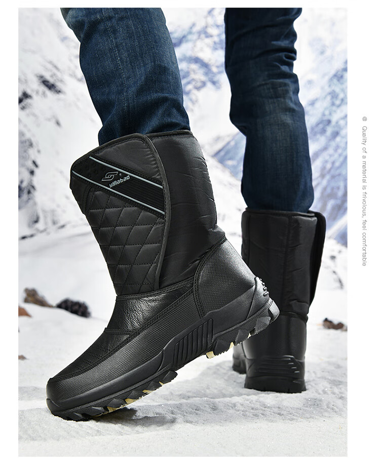 Yijiabao Snow Boots for Men, Winter Men's Shoes, Fleece-Lined for Warmth, Waterproof, Northeast Travel Shoes, Cowhide Sole Non-Slip Shoes, Black, Size 40 13