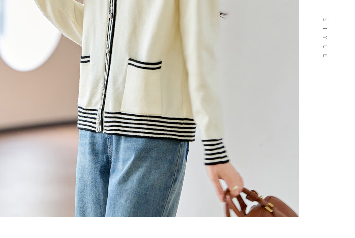 Chushen Women's Spring and Autumn Knitted V-Neck Sweater Color-Block Design Cardigan Jacket S143Z1008 9
