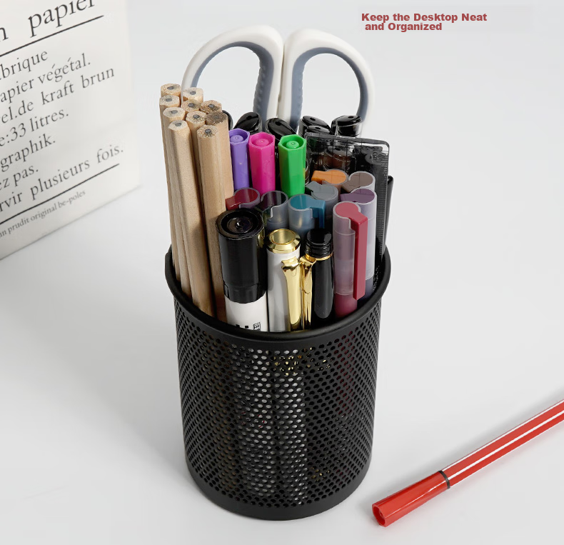 SIMAA [Dense Thickening] Metal Mesh Round Pen Holder, Simple Creative Desktop Storage Box, Office Study Supplies, Black, Single Pack, 8637 8
