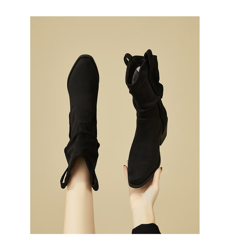 DAPHNE Pointed Toe Western Boots for Women with Fleece Lining, Chunky Heel, Versatile Retro Mid-Calf Boots, Khaki with Fleece Lining, Size 35 5