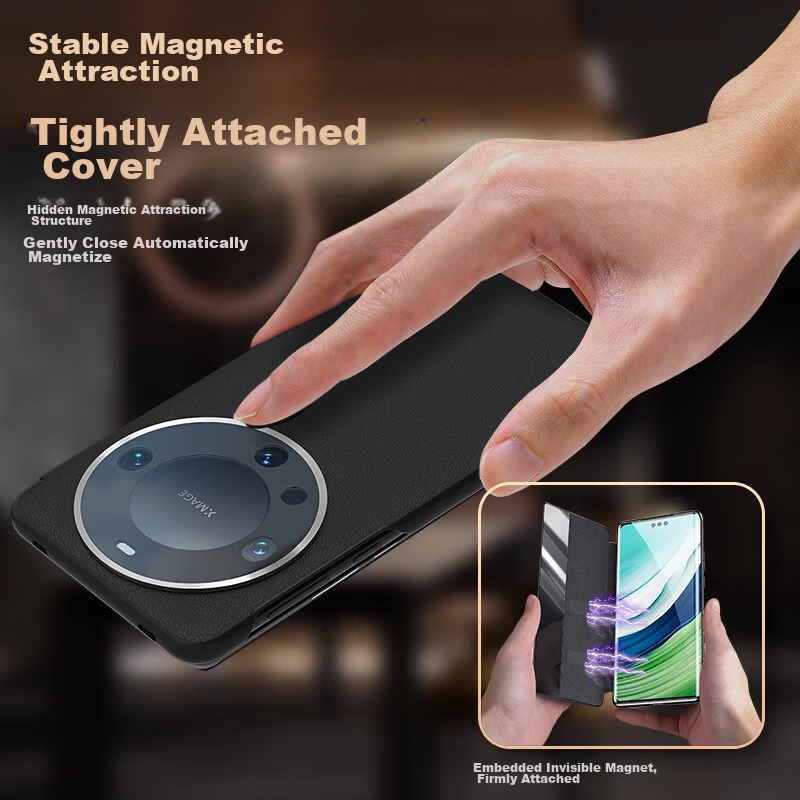 皮皮壳【全包防摔款】适用华为Mate60pro+手机壳玄黑色新款智能视窗镜头全包磁吸翻盖全包防摔真皮保护套