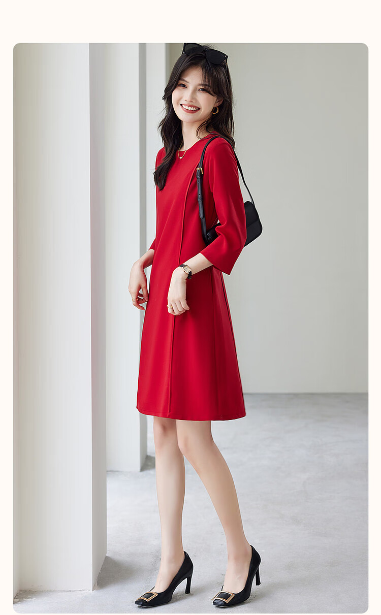 Dme [Modern Women] Spring And Autumn Commuter Round Neck Slim-Fit Three-Quarter Sleeve Elegant Midi Dress for Wome 2