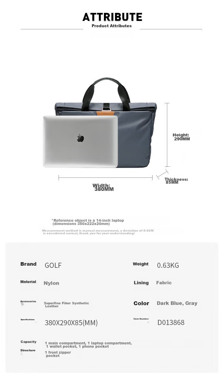 GOLF Business Briefcase, Men's Casual Large-Capacity Handbag, Can Fit 14-Inch Laptop, Fashionable Multifunctional Shoulder Crossbody Bag, 6J679424J Gray 11