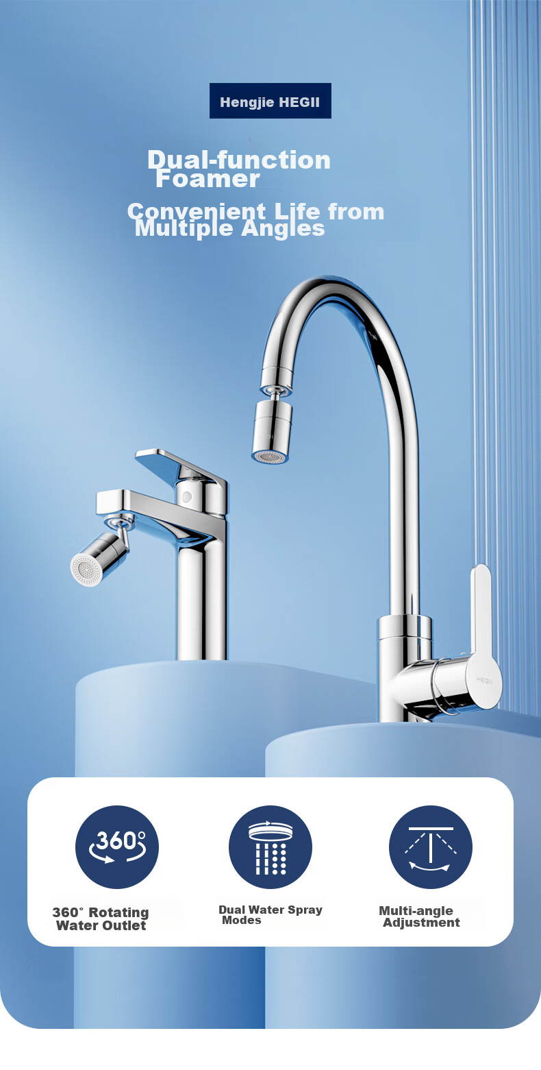 HEGII Faucet Extender, Universal Rotating Faucet Aerator Adapter, Dual Outlet Water Filter Splash-Proof Head HMN902Q 4