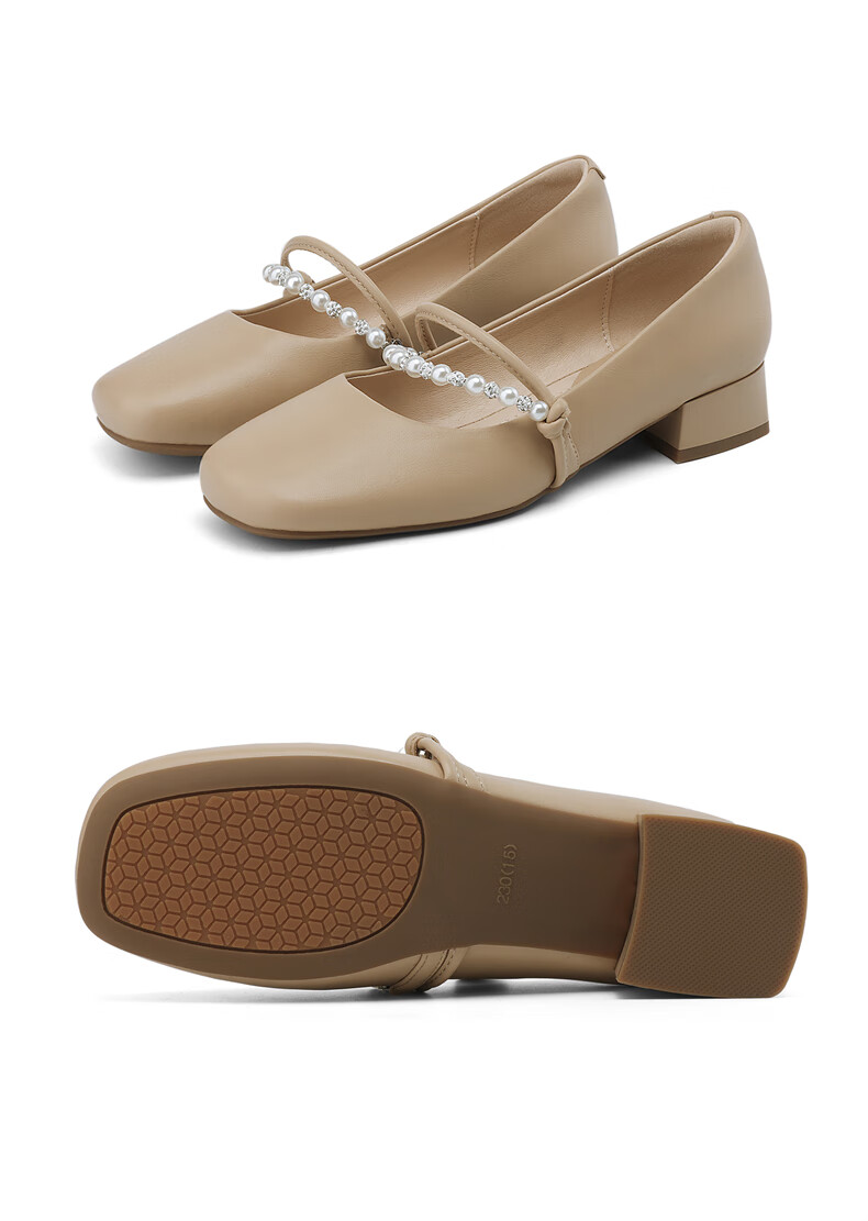 Daphne Women's French Style Leather Mary Jane Low Block Heel Shoes Beige 38 15