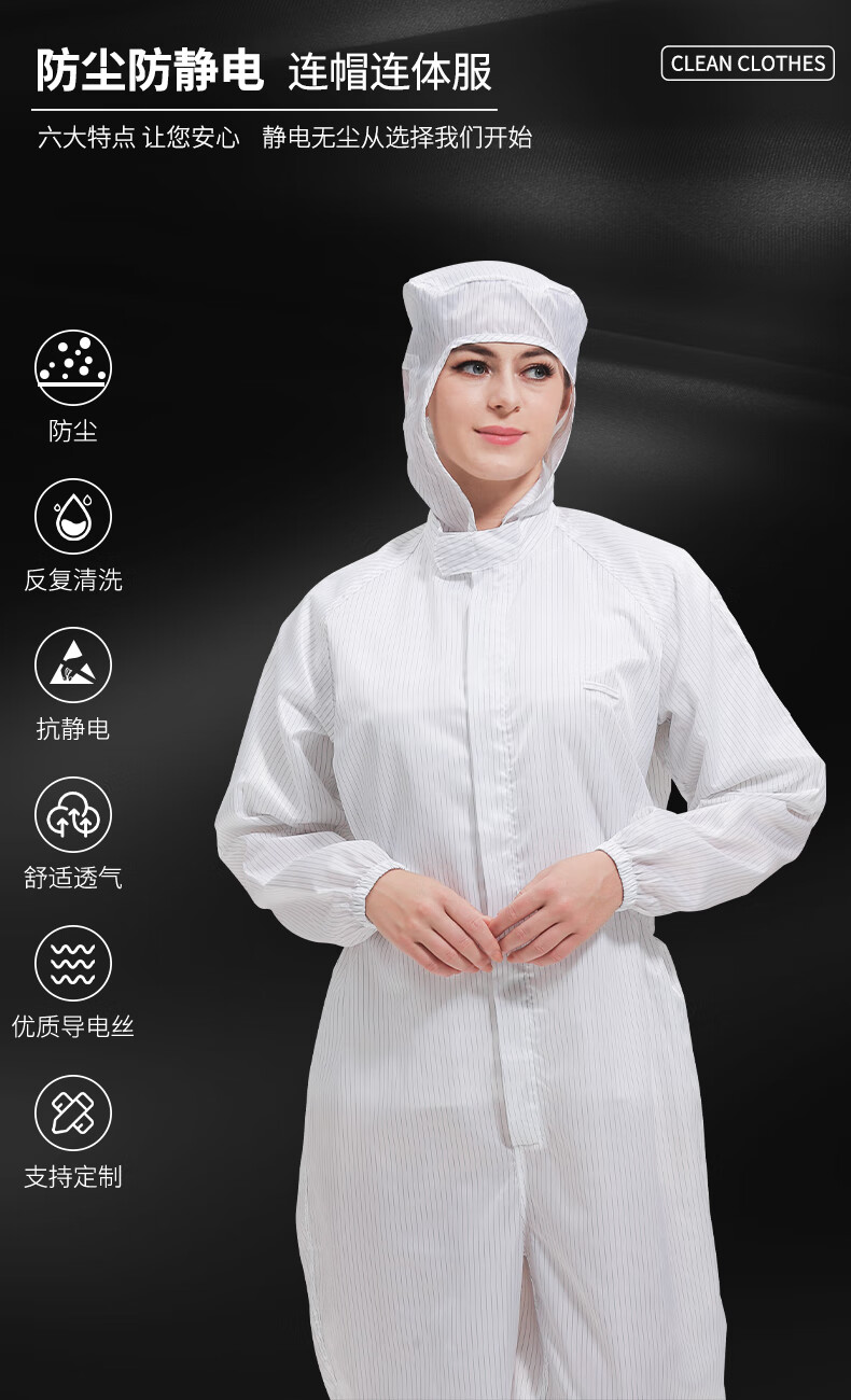 WK Cleanroom Suit, Dustproof Suit, Anti-Static Workwear, Dust-Free Workshop Garment, Striped Hooded Three-Piece Set, White, 2XL, Customizable 1