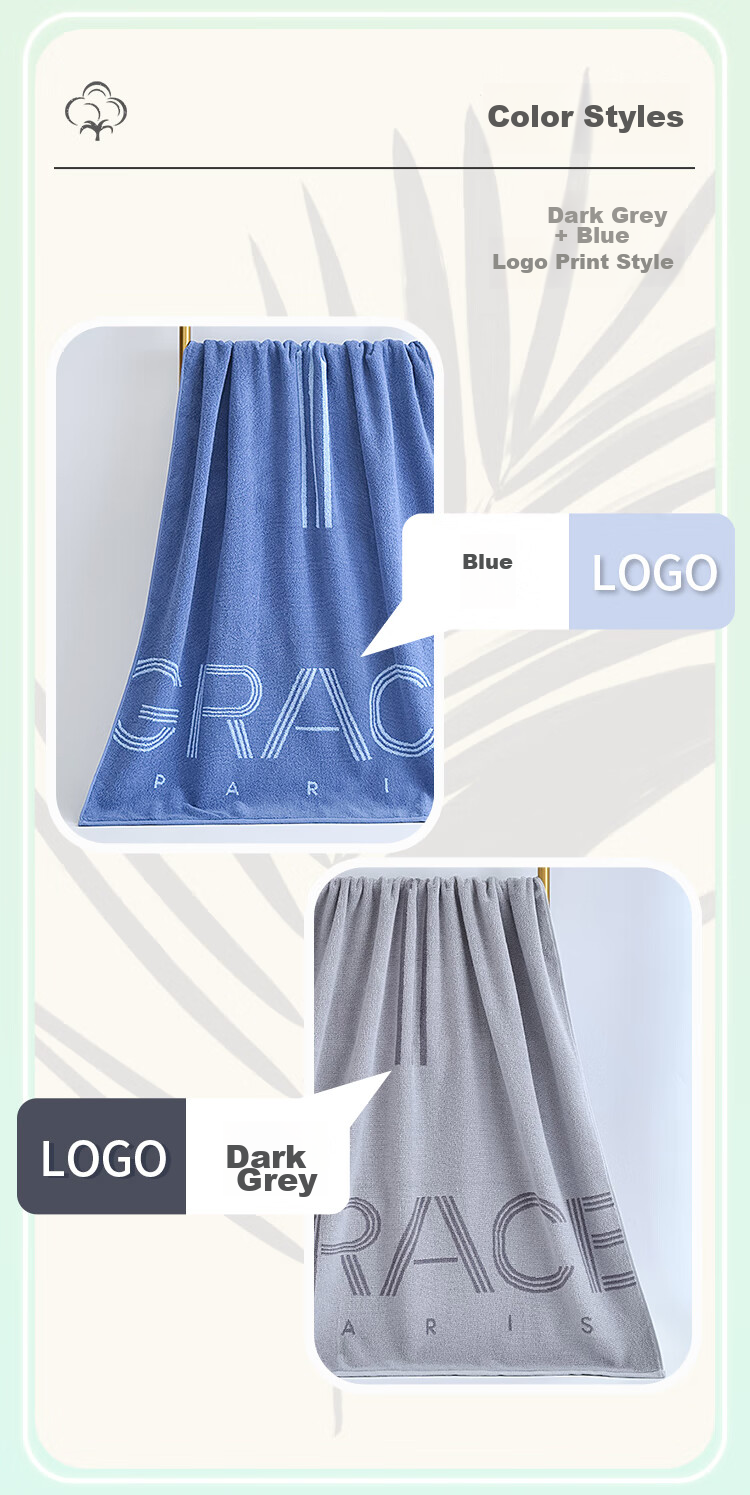 Grace 405g Pure Cotton 7A Antibacterial Bath Towel for Men And Women, Thickened Soft Absorbent Quick-Drying Adult Large Bath Towel for Sports, Blue 6