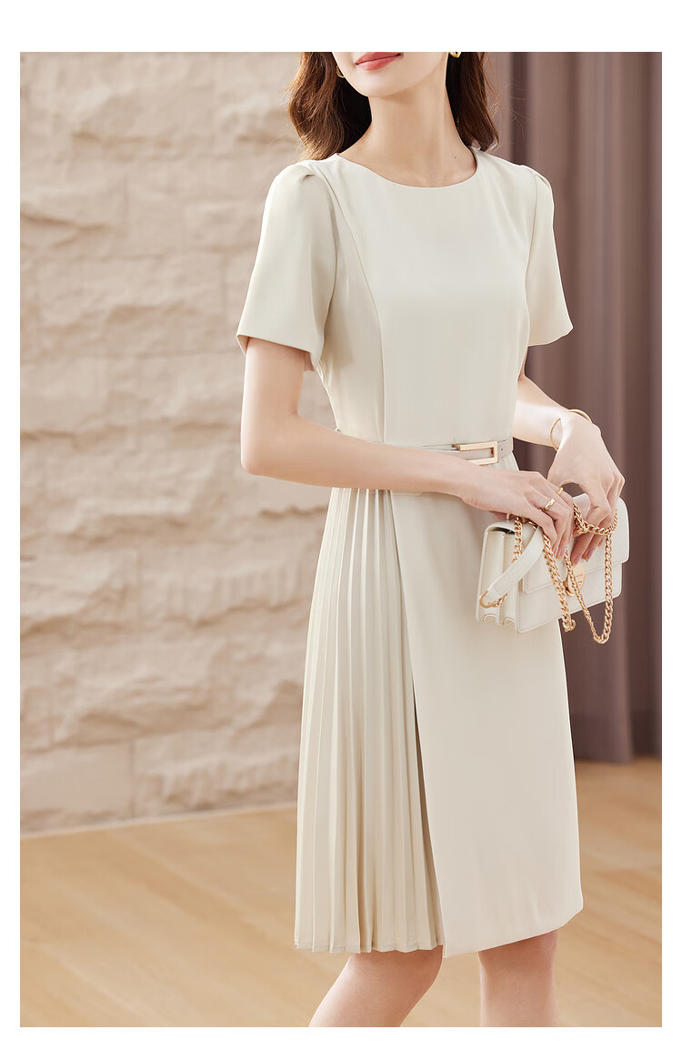 Sentubila Design-Inspired Patchwork Dress, Summer Elegant Pleated Skirt for Petite Figures, Apricot Color, Size S 4