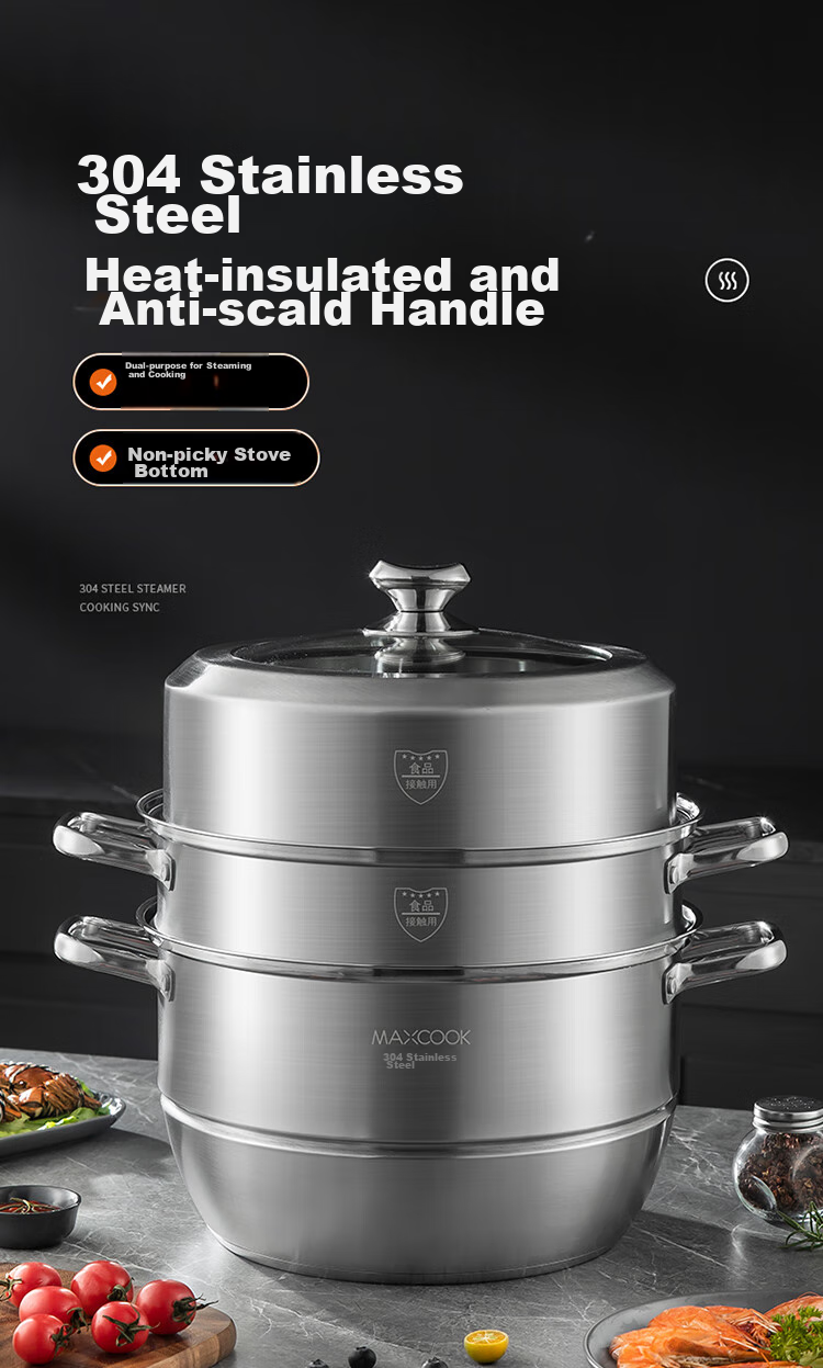 MAXCOOK Steamer Pot, 304 Stainless Steel 28cm Three-Layer Steamer, Thickened Base Soup Pot, Compatible with Gas And Induction Cooktops MCZ835 1