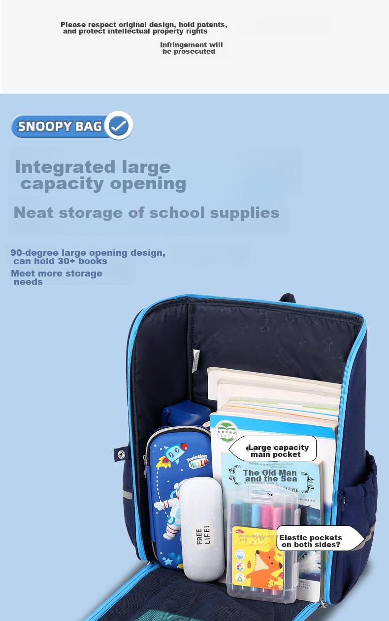 SNOOPY Backpack for Primary School Boys Grades 1-6, Large Capacity Lightweight Reduced Burden Children's Spine Protection Double Shoulder Bag for Girls, Light Blue 19