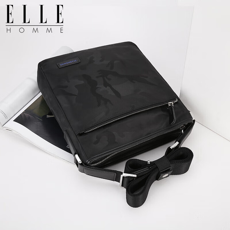 ELLE HOMM Men's Business Shoulder Crossbody Bag, Fashionable Multifunctional Vertical Camouflage Canvas Men's Bag 335340 Black Birthday Gift for Boyfriend