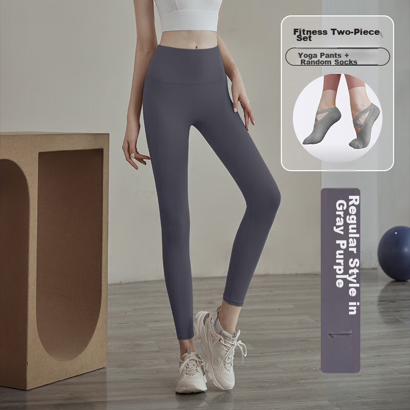 Youyou Yoga Pants for Women, High-Waisted Elastic Tight-Fitting Leggings, Outer Wear Sports Pants Two-Piece Set J21016XY Gray Purple Regular Style 2XL