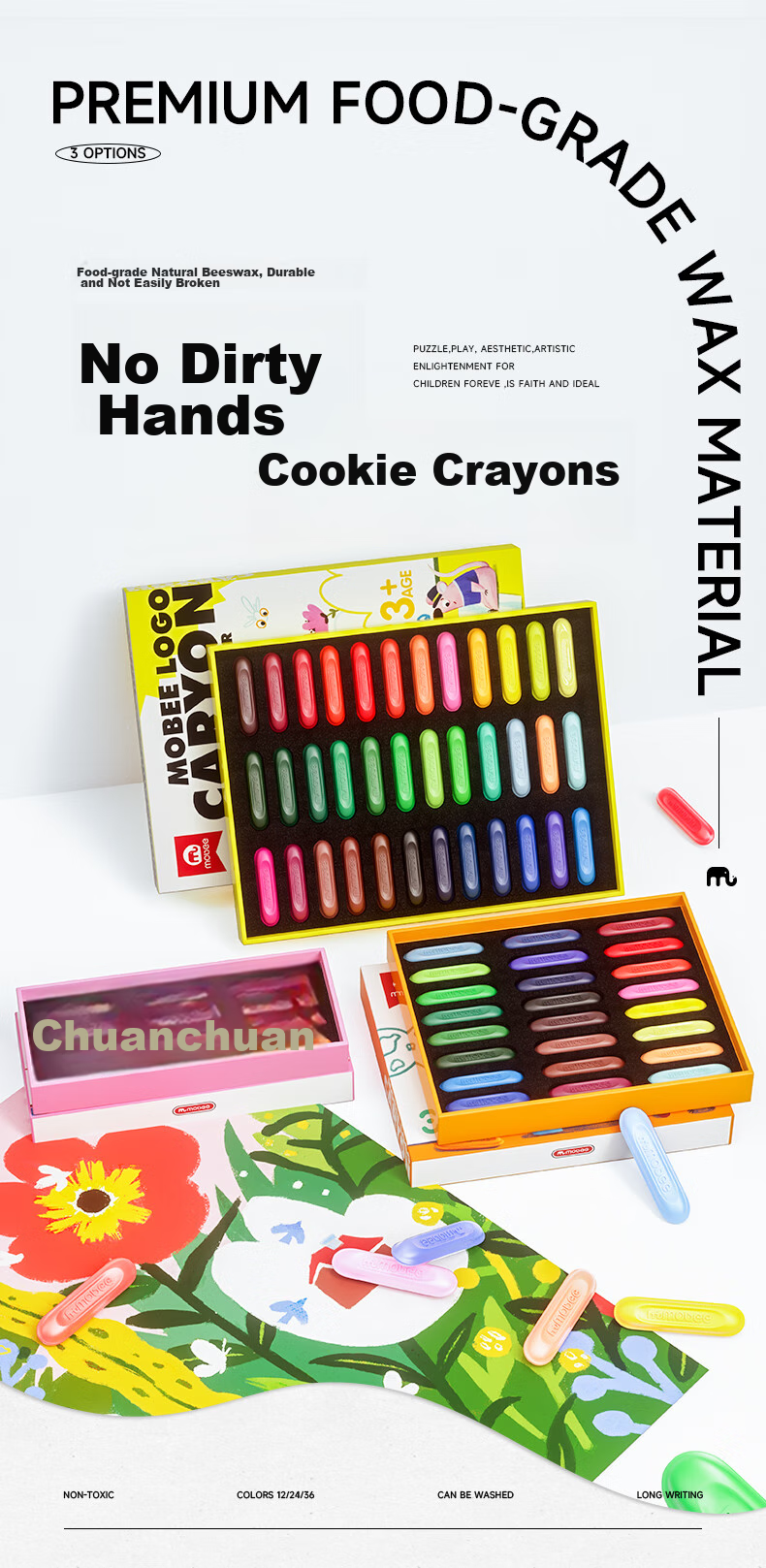 Mobee Triangular Crayons for Children's Drawing And Oil Painting, Art Supplies, 24 Colors MOA-0015, Travel Gift for National Day Outings, Educational Tool 1