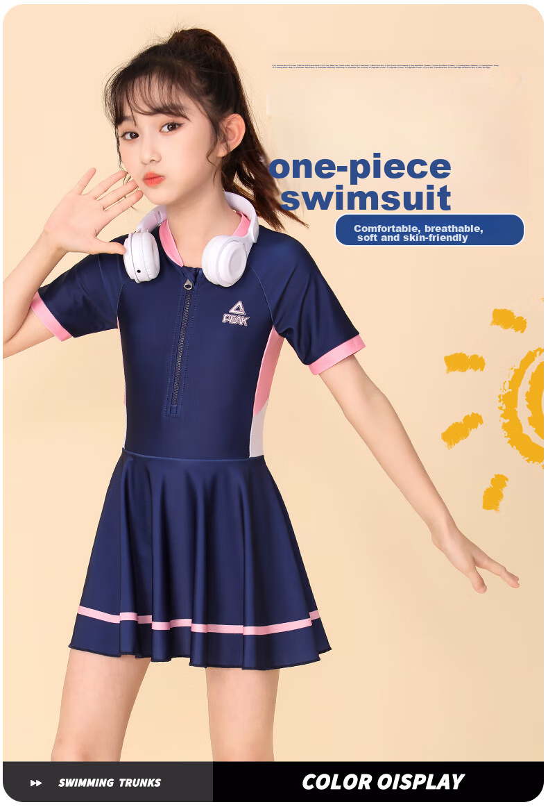 PEAK Children's Swimsuit for Girls, Summer One-Piece Dress Style Sun Protection Princess Swimwear for Older Kids, Hot Spring Swimwear Size 140 1