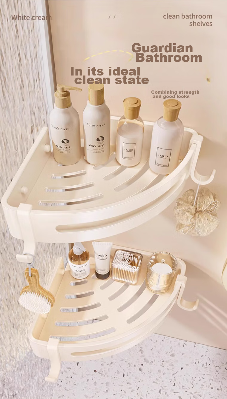 Jiashigao Bathroom Storage Rack, No Drilling Required, Space Aluminum Corner Shelf, Cream White, Drip-Draining Wall-Mounted 2