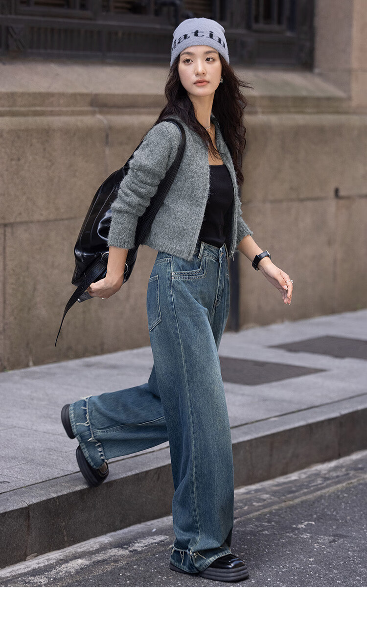Dme [Gray Plush Knit Jacket] Autumn Round Neck Opening Placket Zipper Design Long-Sleeve Knit Sweater, Gray, S 15