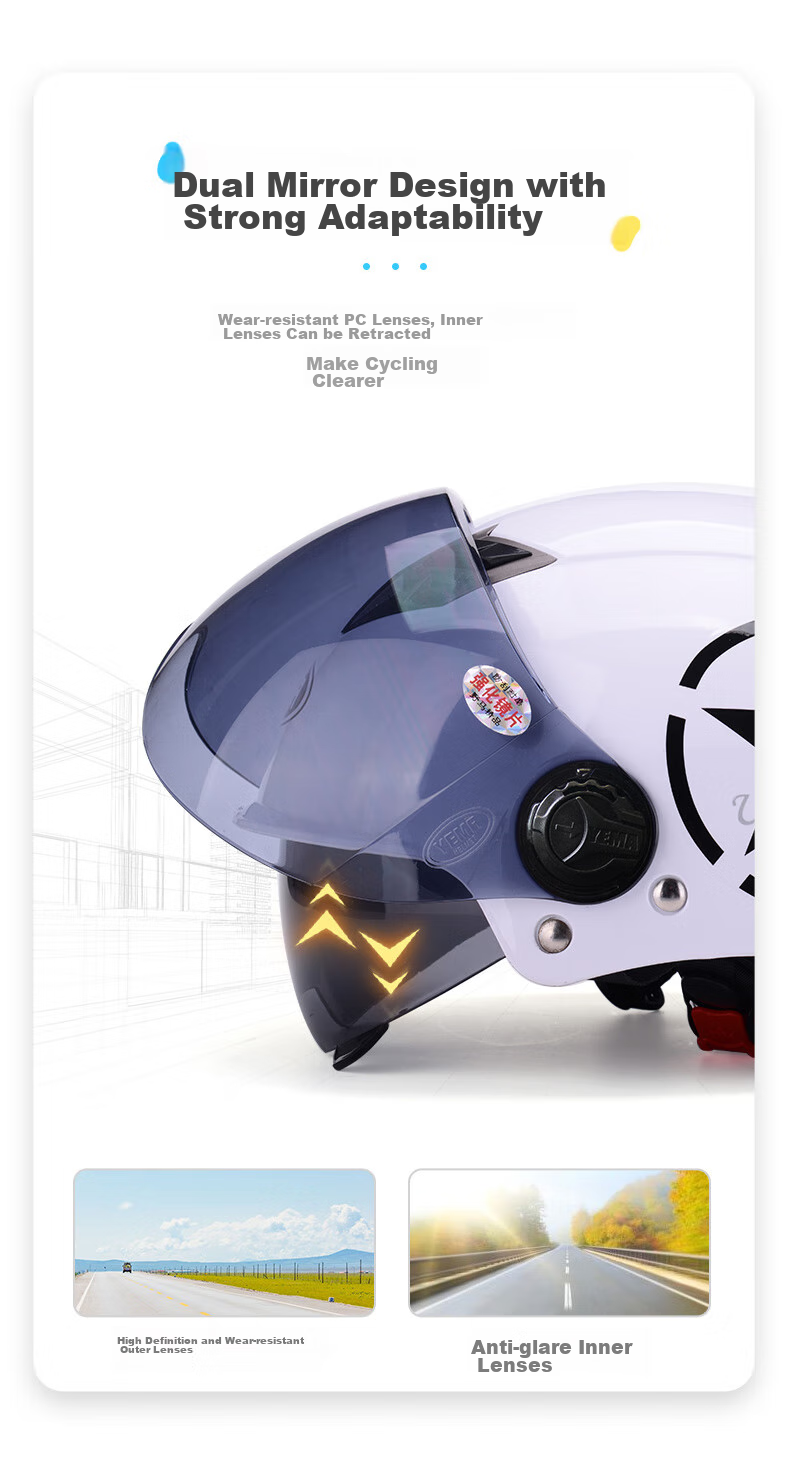 YEMA 3C Certified 329S Electric Motorcycle Helmet, Summer Dual-Lens Half Helmet for Men And Women, Sun Protection Safety Helmet, One Size Fits All, White with Clear Long Visor 14