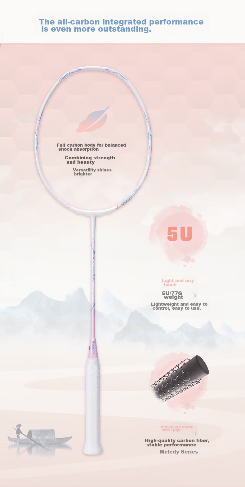 KUMPOO Badminton Racket, Full Carbon Ultra-Light Xunfeng All-Round Racket, Biquang, 5U White/purple, Unstrung Racket 5