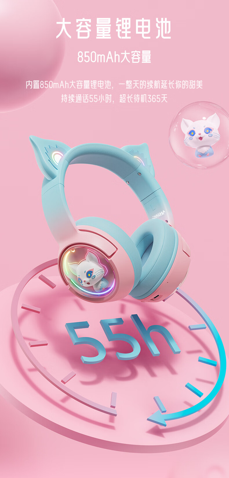ONIKUMA Wireless Bluetooth Headphones with Microphone, Noise-Cancelling, for Women's Online Classes, Music, Gaming, Three-Mode Headphones, Suitable for Live Streaming, Computers, Tablets, Cute Cat Ears Design, Birthday Gift 6
