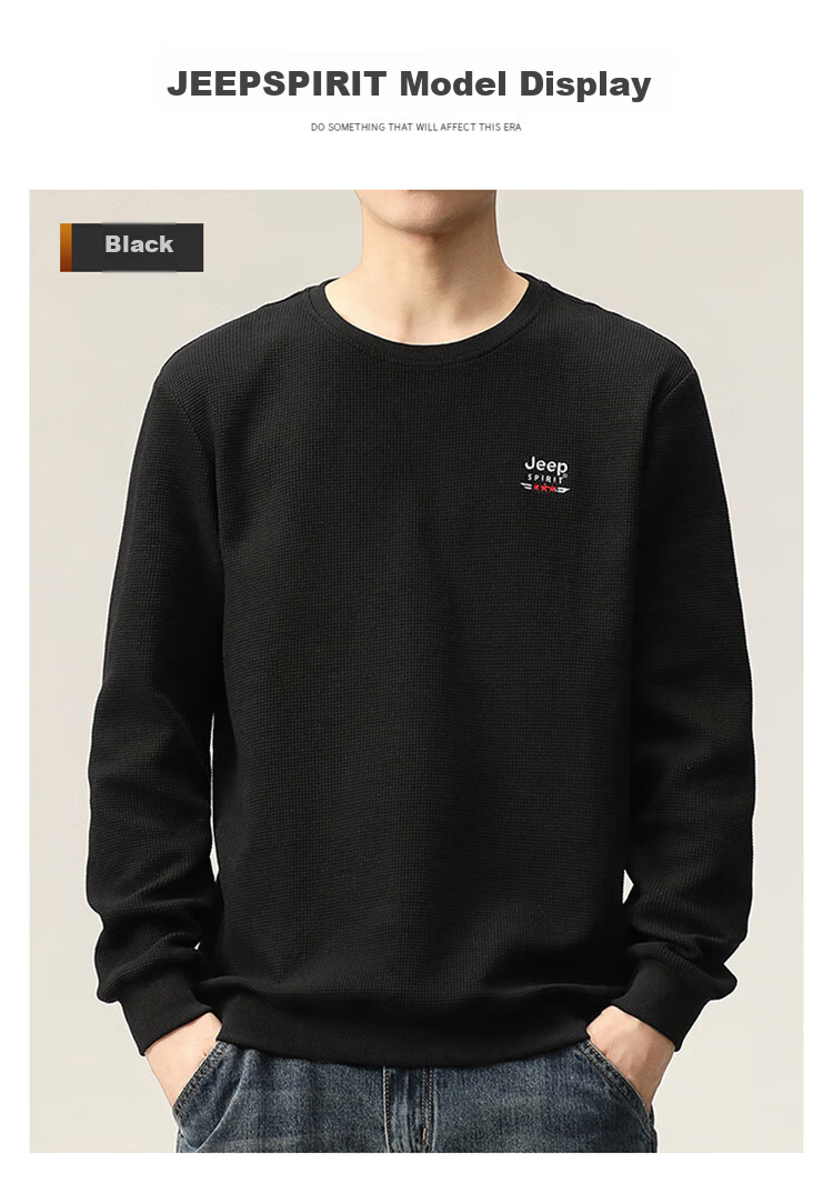 JEEP SPIRIT Men's Sweatshirt, Autumn Round Neck Long Sleeve T-Shirt, Loose Waffle Knit Base Layer, Black, M 14