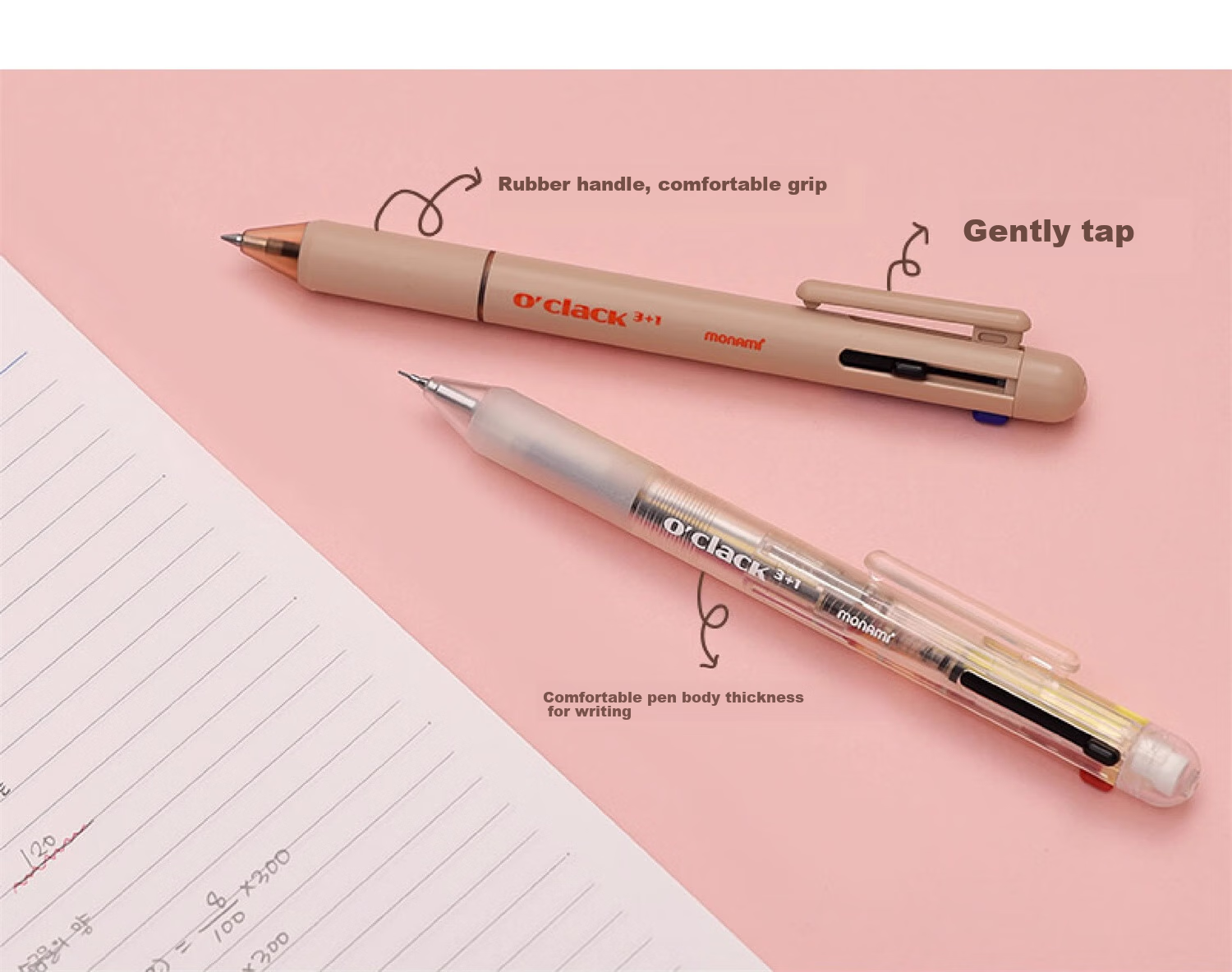 Monami Four-In Multifunctional Pen Set: Three-Color Ballpoint Pens + Mechanical Pencil 0.5mm Multi-Color Retractable Gel Pens for Note-Taking, White Barrel 01070-247 6