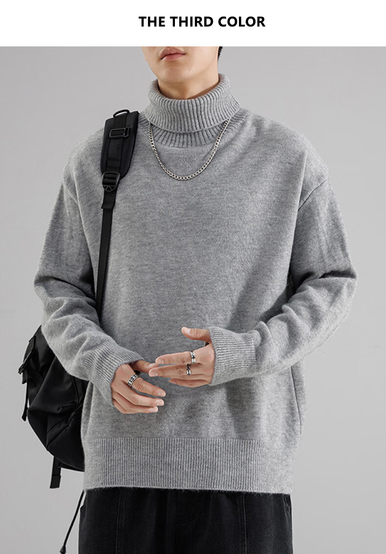 Dingfengbaoluo High Neck Sweater Men Autumn Winter Lazy Style Knit Loose Warm Base Shirt Top DFL55 Gray M 6
