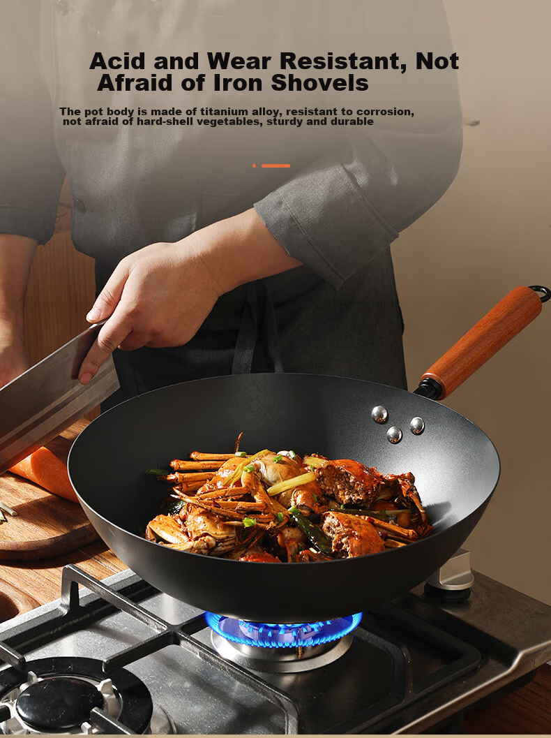 Yantiejiang Iron Wok with Titanium, Non-Coated Non-Stick Frying Pan, Authentic Household Use, Preheated, Suitable for Induction And Gas Stoves, 30cm 6