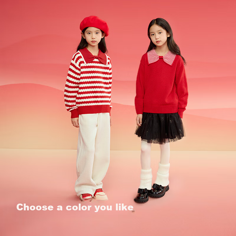 BALABALA Children's Sweater, Girls' Knit Top, Spring Striped Sweater, Bow Tie Inner Layer, Outer Wear, 208125103001