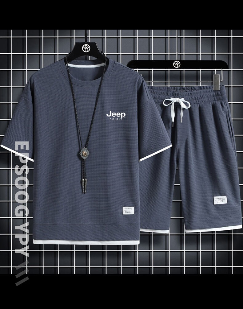 JEEP SPIRIT Summer Short-Sleeve T-Shirt for Men, Shorts, Running Sports Set, Casual Two-Piece Outfit, Gray, Size M 9