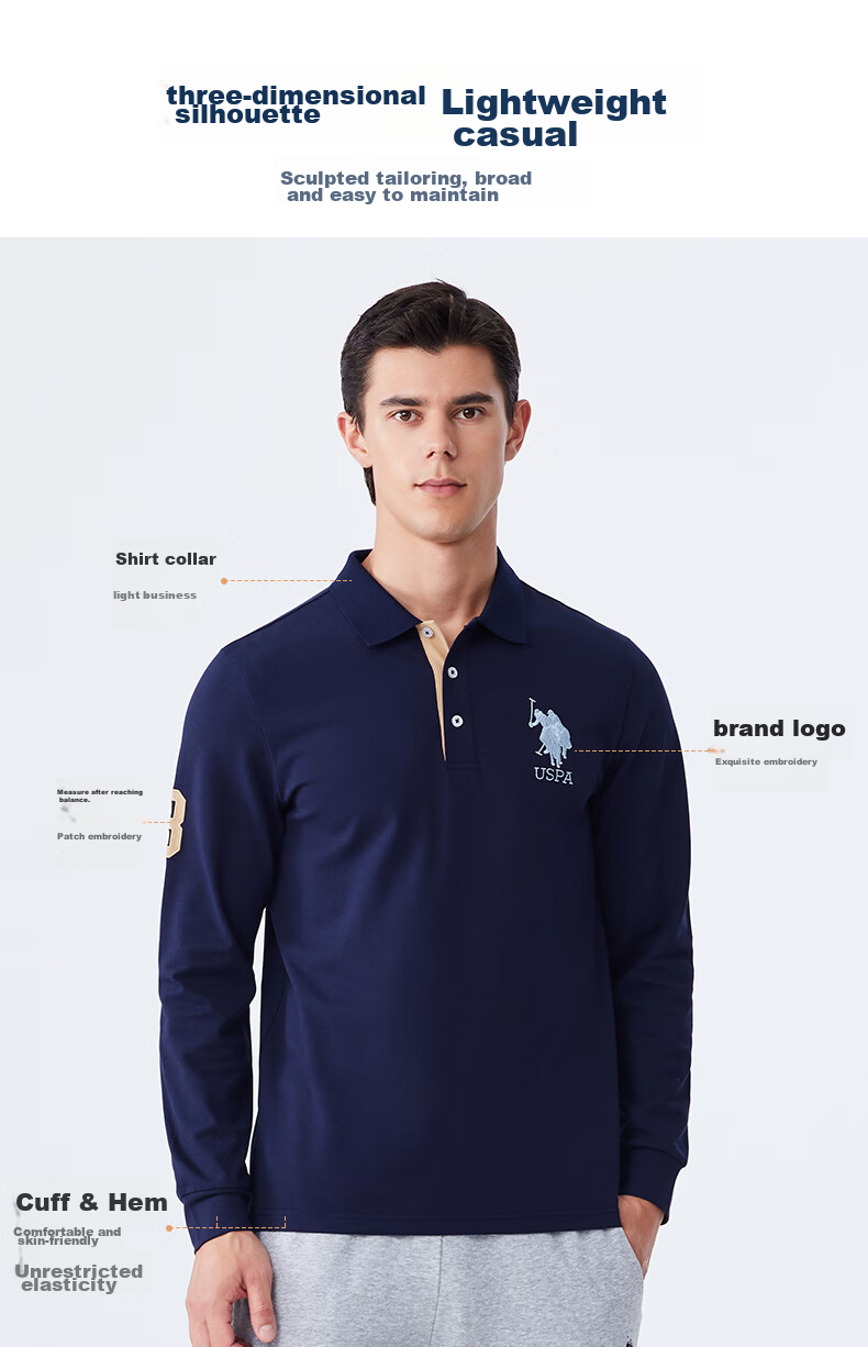 U.S. POLO ASSN. Men's Polo Shirt with Collar, Autumn Business Casual Long-Sleeve T-Shirt, American-Style Loose Top for Men, Navy Blue, Size L 4
