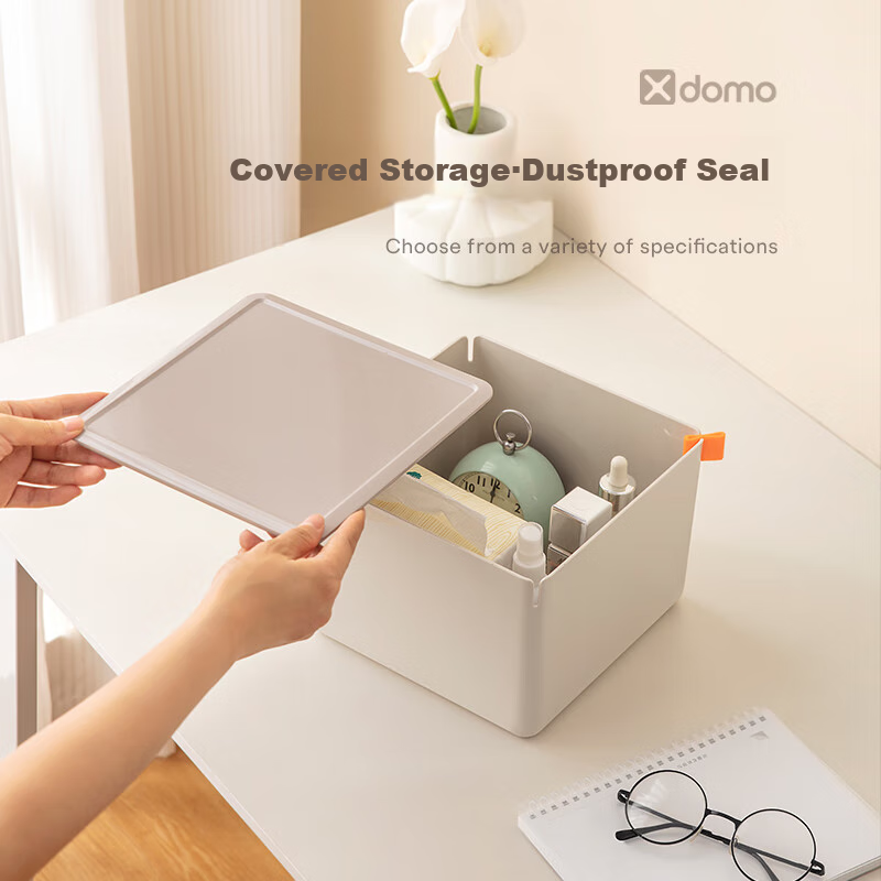 Deli Xdomo Series Storage Box with Lid, Office And Makeup Organizer with Silicone Clasp, Pink Tall Square XDM13