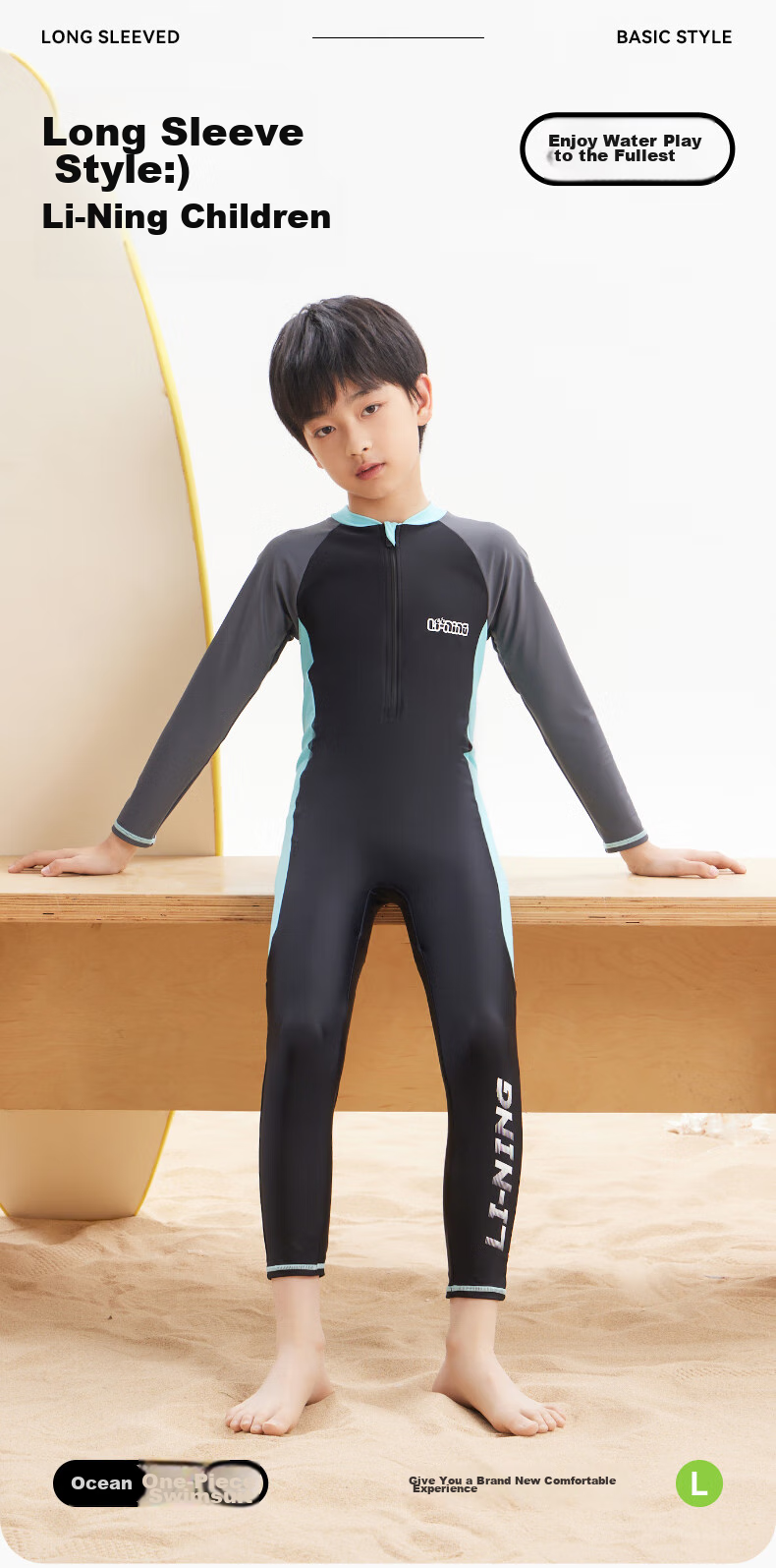 Li-Ning Children's One-Piece Long-Sleeve Swimsuit, Hot Spring Warmth Protection, Sun Protection, Boys' Surfing Suit, Training Swimwear, 8793 Black-Green, Size 150 1
