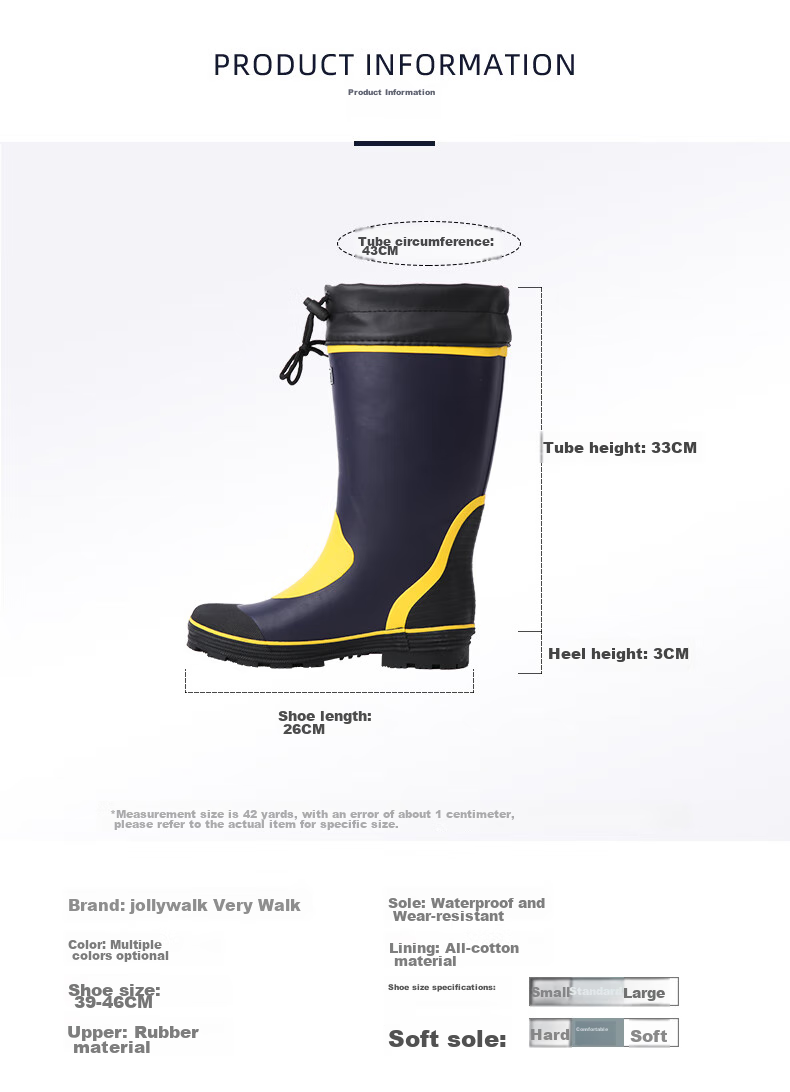 Jolly Walk Water Boots, Rain Boots for Men, High-Top Waterproof Shoes, Long Fishing Boots, Car Washing Waterproof Overshoes, Rubber Shoes JW211 Blue And Yellow 41 7