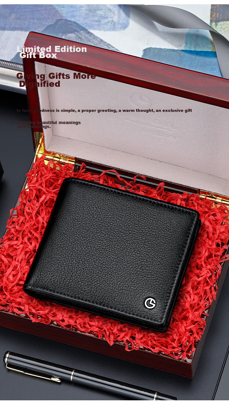 Goldlion Men's Wallet, Short Bifold Leather Wallet with Multiple Card Slots, Wooden Gift Box Billfold, Birthday Gift 4