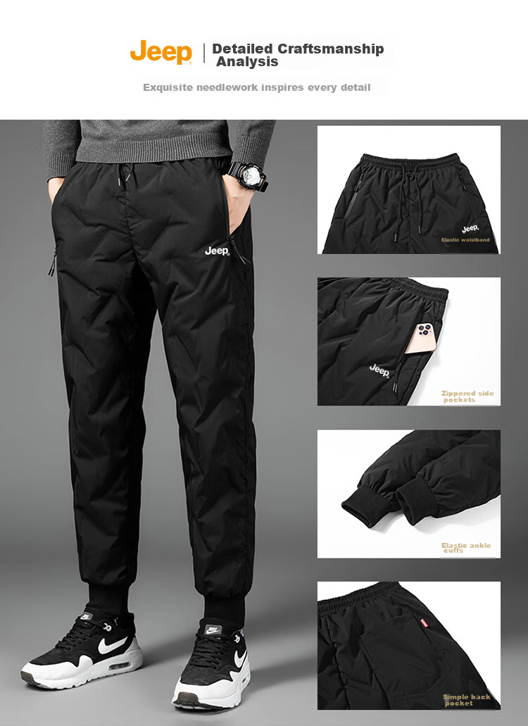 JEEP Men's down Pants for Winter, Fleece-Lined Thick Warm Joggers Casual Trousers, Black, Size M 3