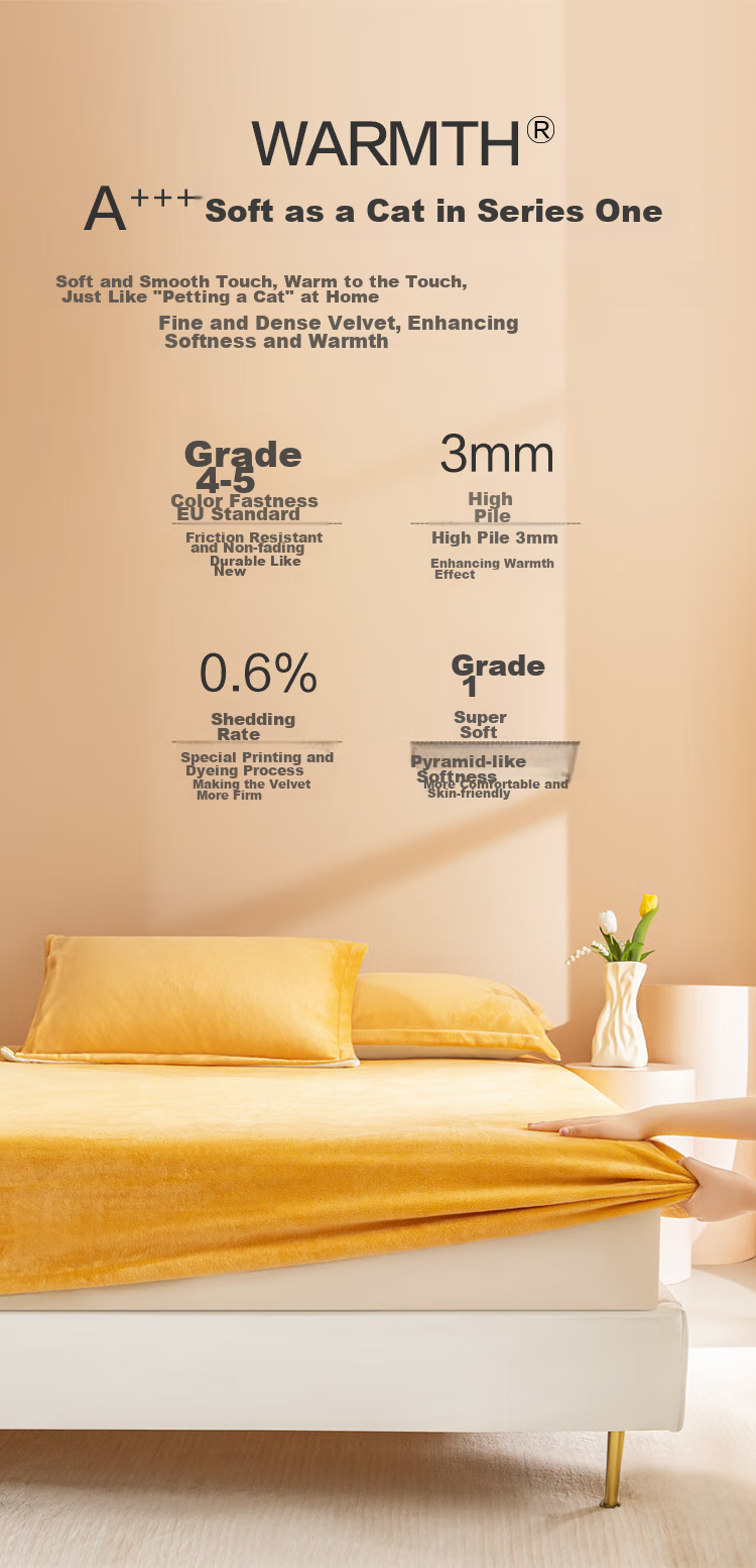 JD Original 220g Thickened Milk Velvet Fitted Sheet, Non-Static A-Class Winter Bed Cover Mattress Protector, for 1.8-Meter Bed, Warm Yellow 9