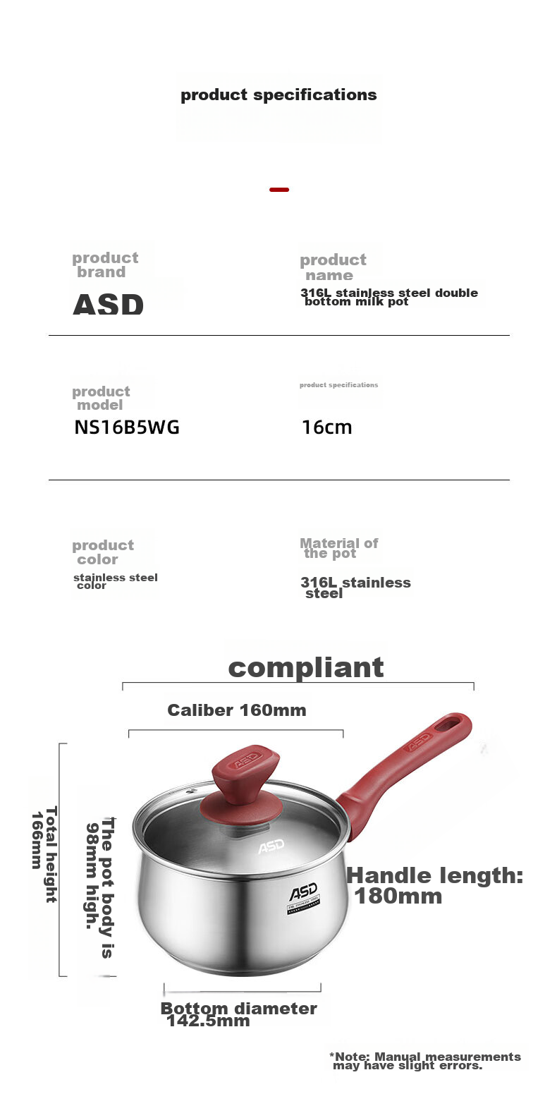 ASD Milk Pot, 316L Stainless Steel, 20CM Baby Food Pot, Small Pot, Compatible with Induction And Gas Stoves, NS20B13WG 16
