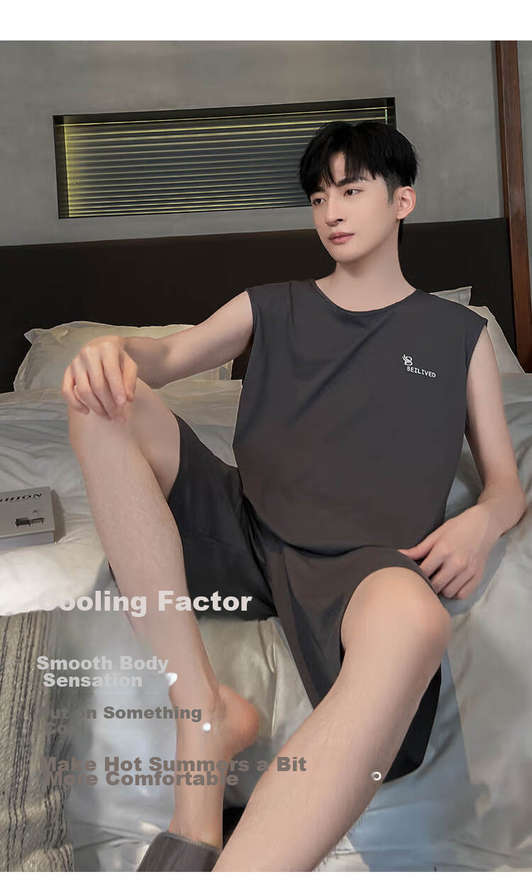 LangSha Men's Pajama Set, Summer Thin Style, Sleeveless Vest, Silk-Like Short Pants, Casual Men's Wearable Loungewear 6