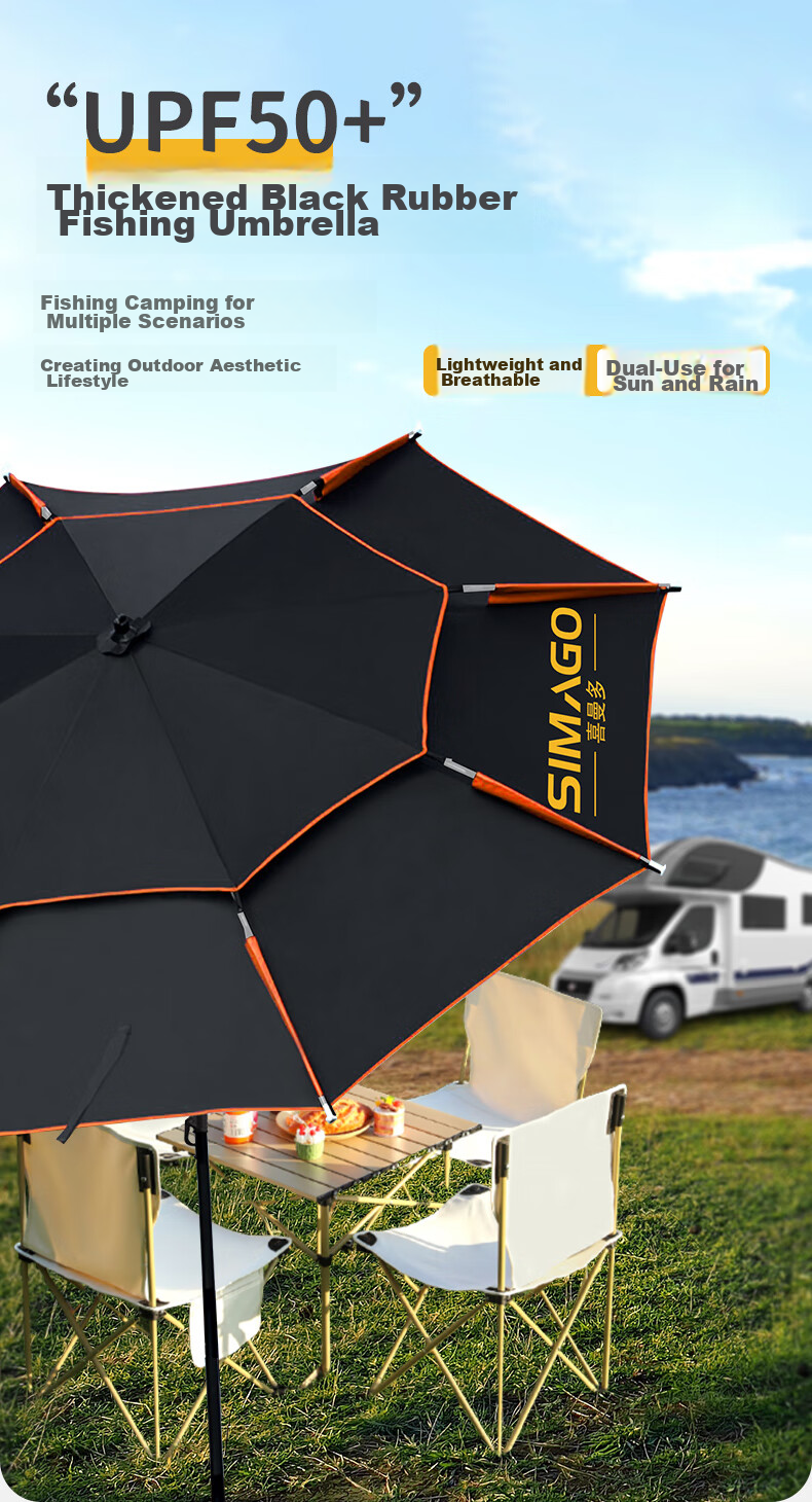 SIMAGO Fishing Umbrella, Sunshade, Rain Protection, UV Protection, Windproof, Multi-Directional Fishing Umbrella, Black Umbrella, 2 Meters 1