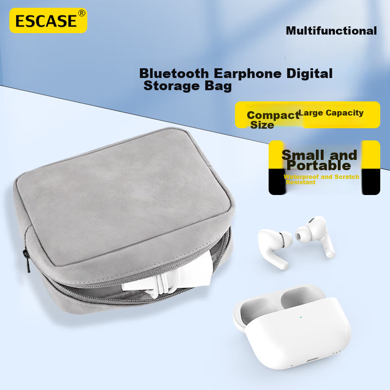 ESCASE Bluetooth Headphone Digital Storage Box, Multifunctional Large Capacity Storage Bag, Data Cable Charger USB Drive Memory Card Earphone Accessories, Compact Shockproof Stress Relief Light Gray