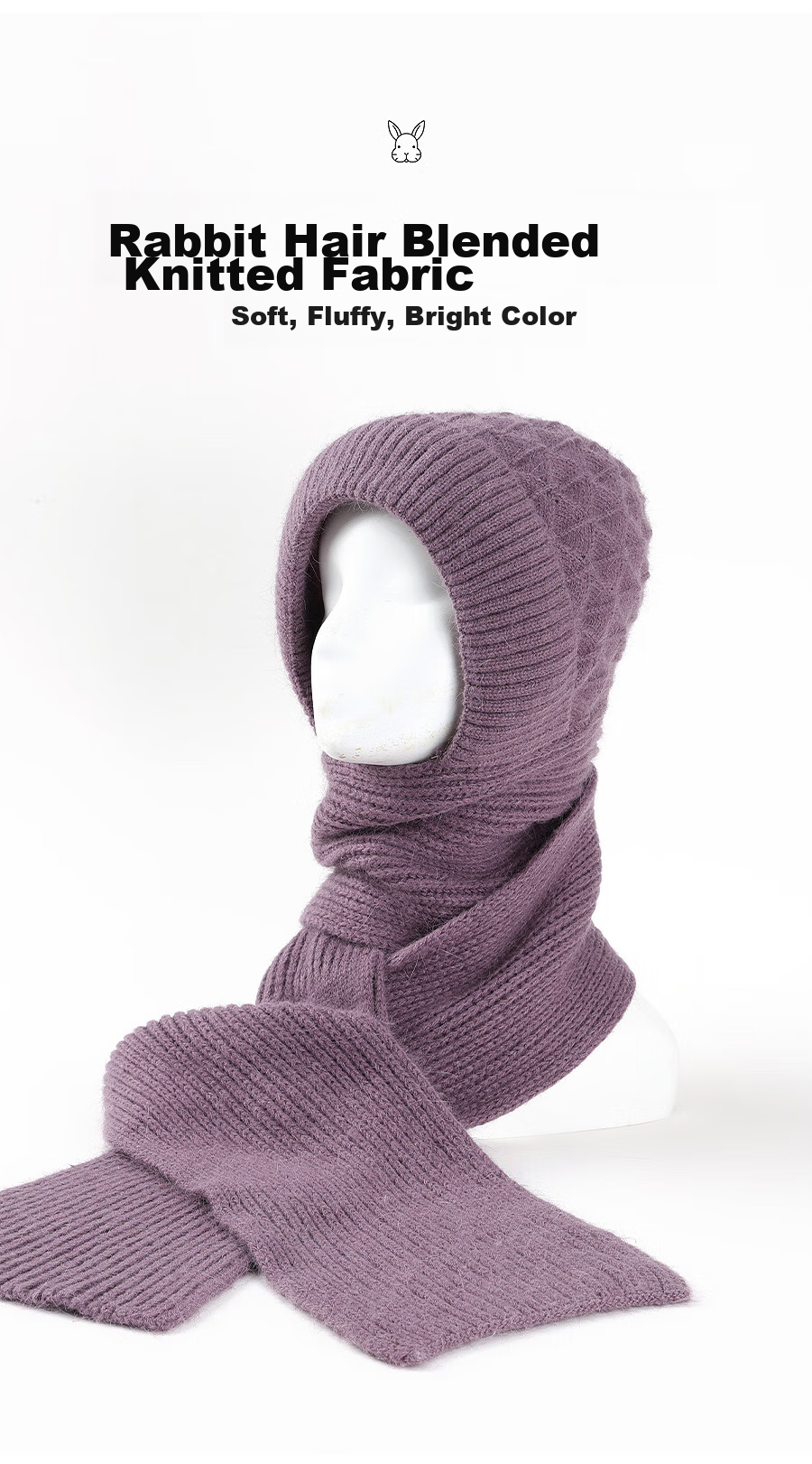 Hengyuanxiang Middle-Aged And Elderly Hat Scarf Integrated Knitted Cap, Winter Warm Rabbit Fur Fleece-Lined Gift for Elders 7