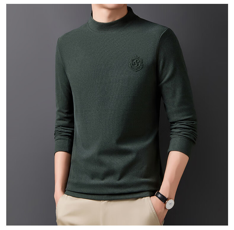 ROMON Men's Spring and Autumn Business Crew Neck Long Sleeve T-Shirt Quality Casual Base Shirt Jacket Men's 113 Green M 20
