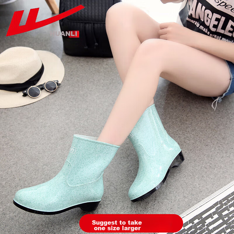 Warrior Women's Rain Boots, Mid-Calf Adult Waterproof Shoes, Rubber Overshoes, Water Boots HXL5Z3, Spotted Green, Size 36