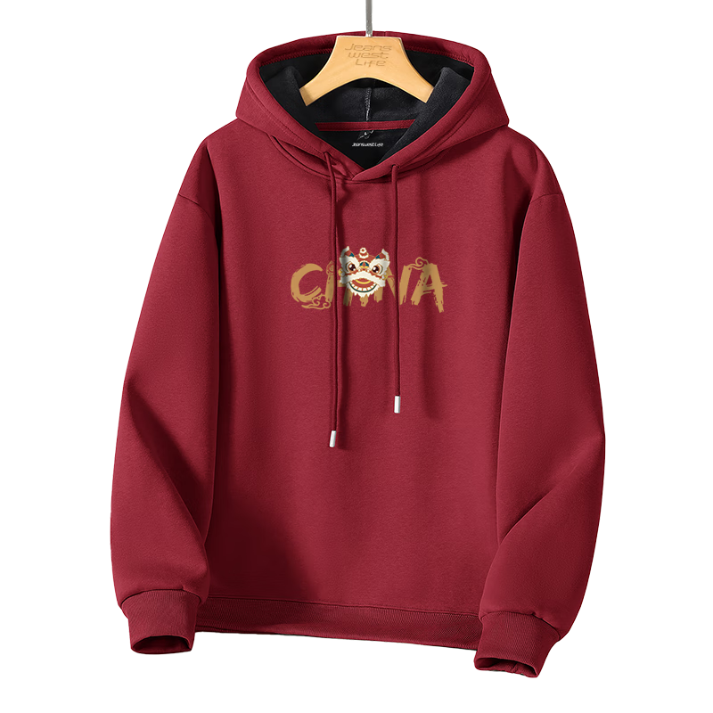 JEANSWEST LIFE Red Zodiac Year Hooded Sweatshirt for Men, Winter Fleece-Lined Thickened Boys' Clothing, Chinese Style Horse Year Jacket